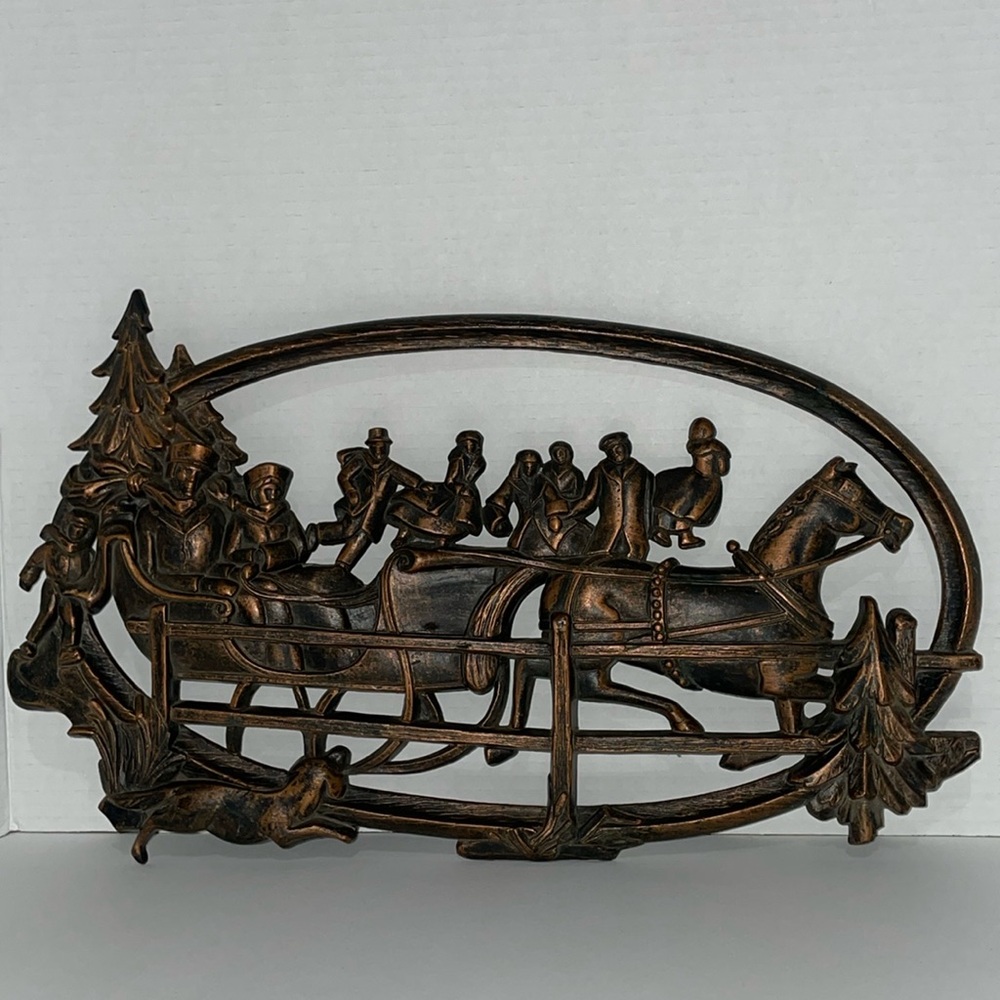 Syroco Christmas Sleigh Ride 1975 Wall Plaque Coppercraft Guild Retro MCM